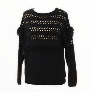 J.O.A. Sweater‎ Womens Medium Black Fringe Open Knit Long Sleeve Crew Neck Party